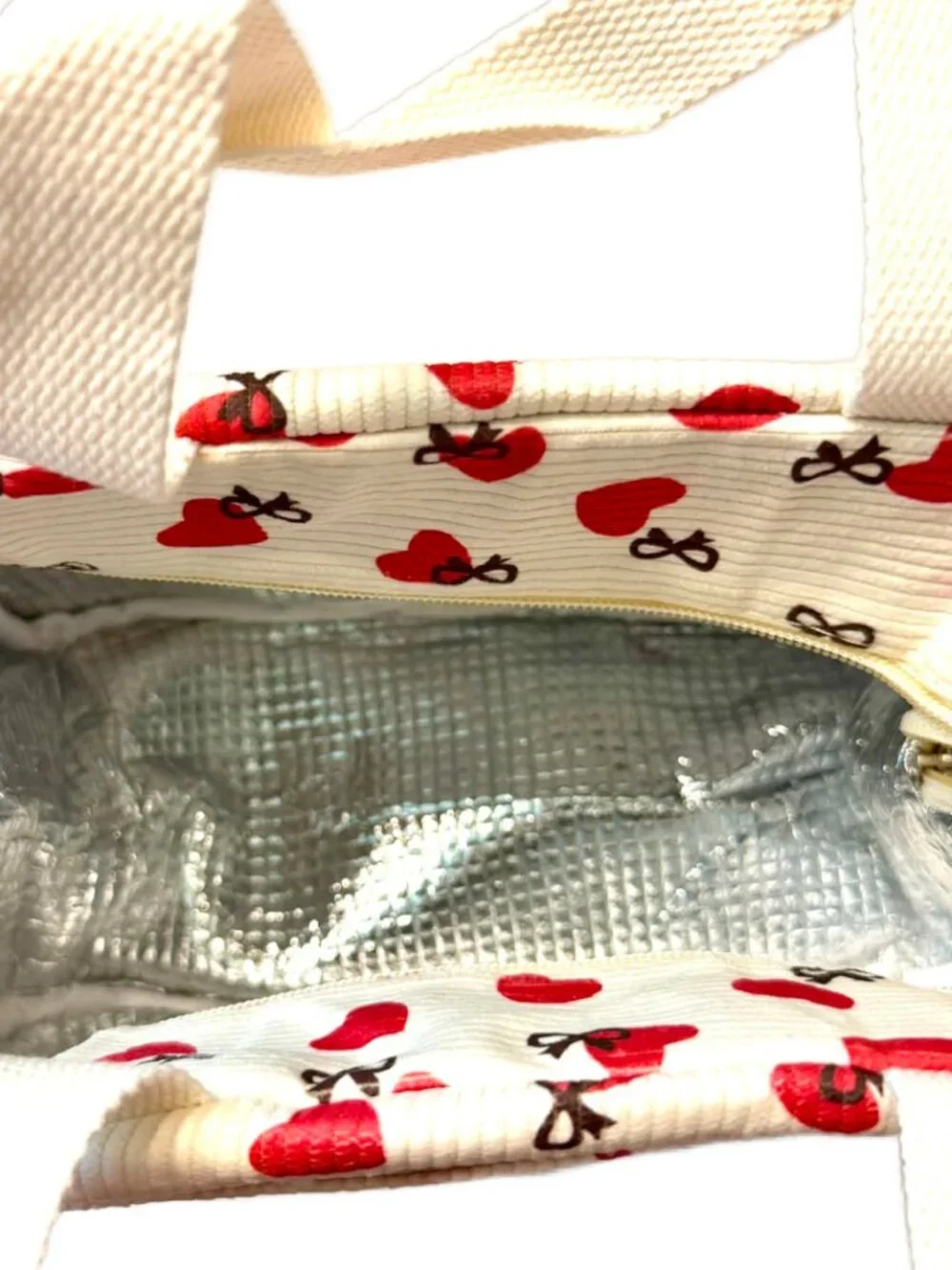 Insulated Heart Lunch Bag Container School Work Travel Cream Corduroy NEW